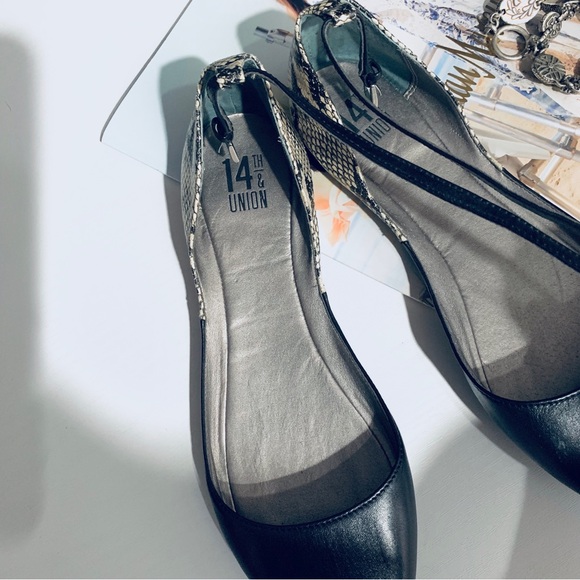 14TH & UNION POINTED TOE LEATHER FLATS ANIMAL PRINT ANKLE STRAP FLATS - Picture 8 of 10